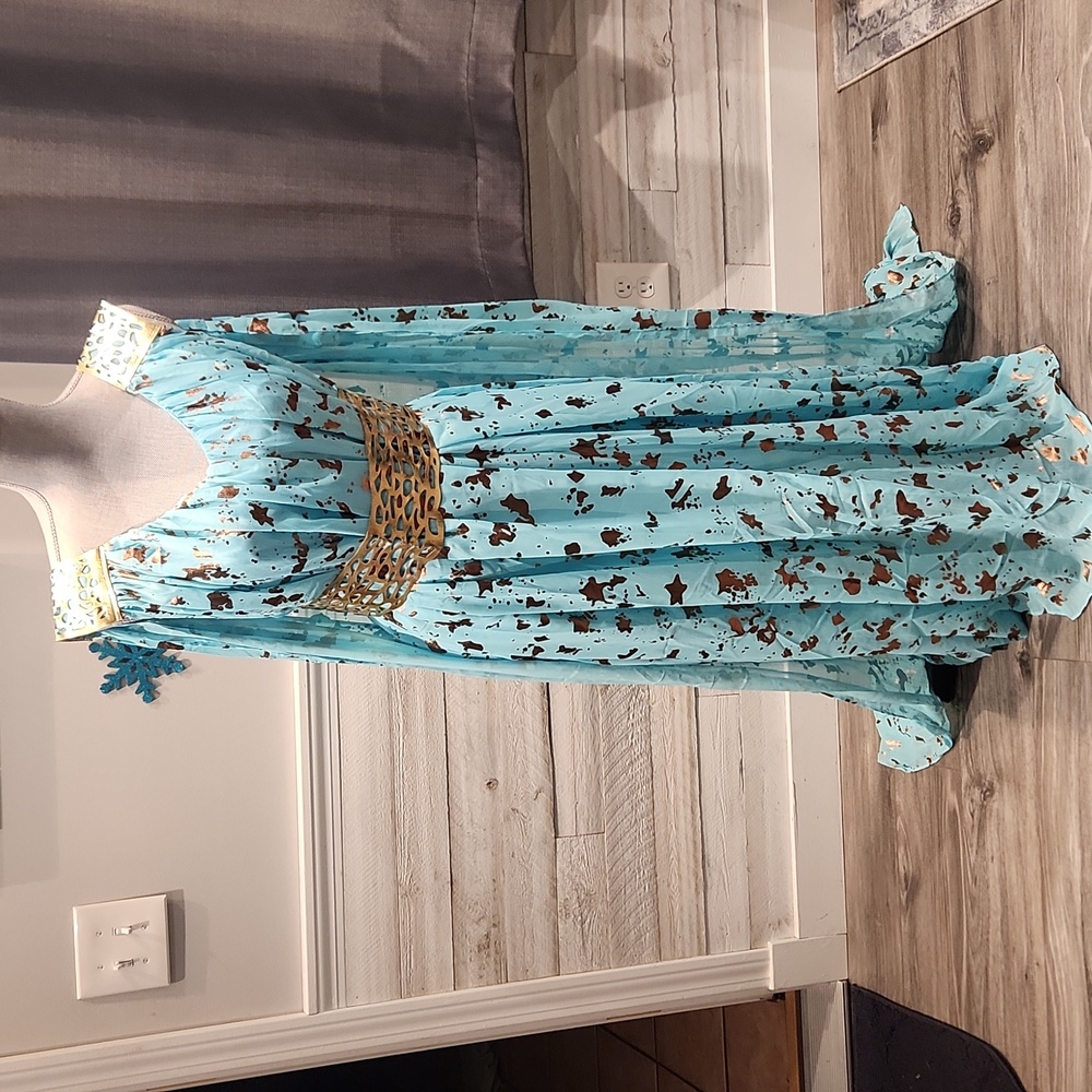 NWT Women's sz S Halloween Costume Chiffon Dress w/Blue long Train & belt
